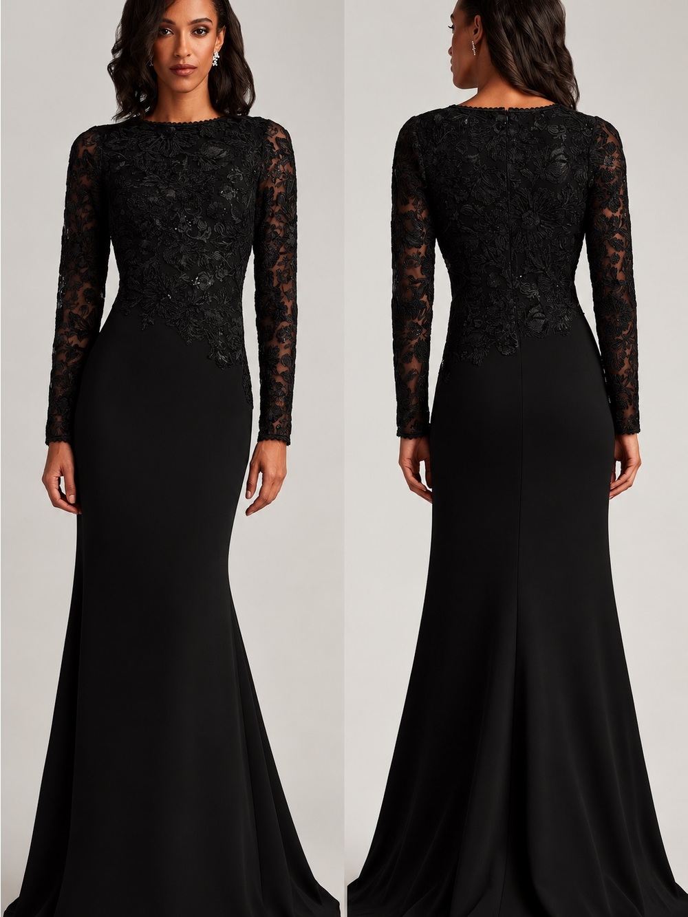 Tadashi Shoji Black Lace-Appliqué Long Sleeve Evening Gown
